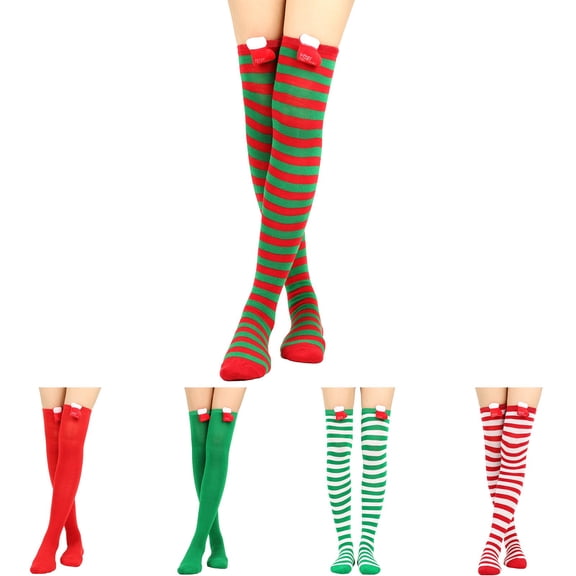 SOFTCCLO Christmas Stockings Womens Sweet Cute Cartoon Striped Long Socks Cozy Knee High Stockings Green One Size
