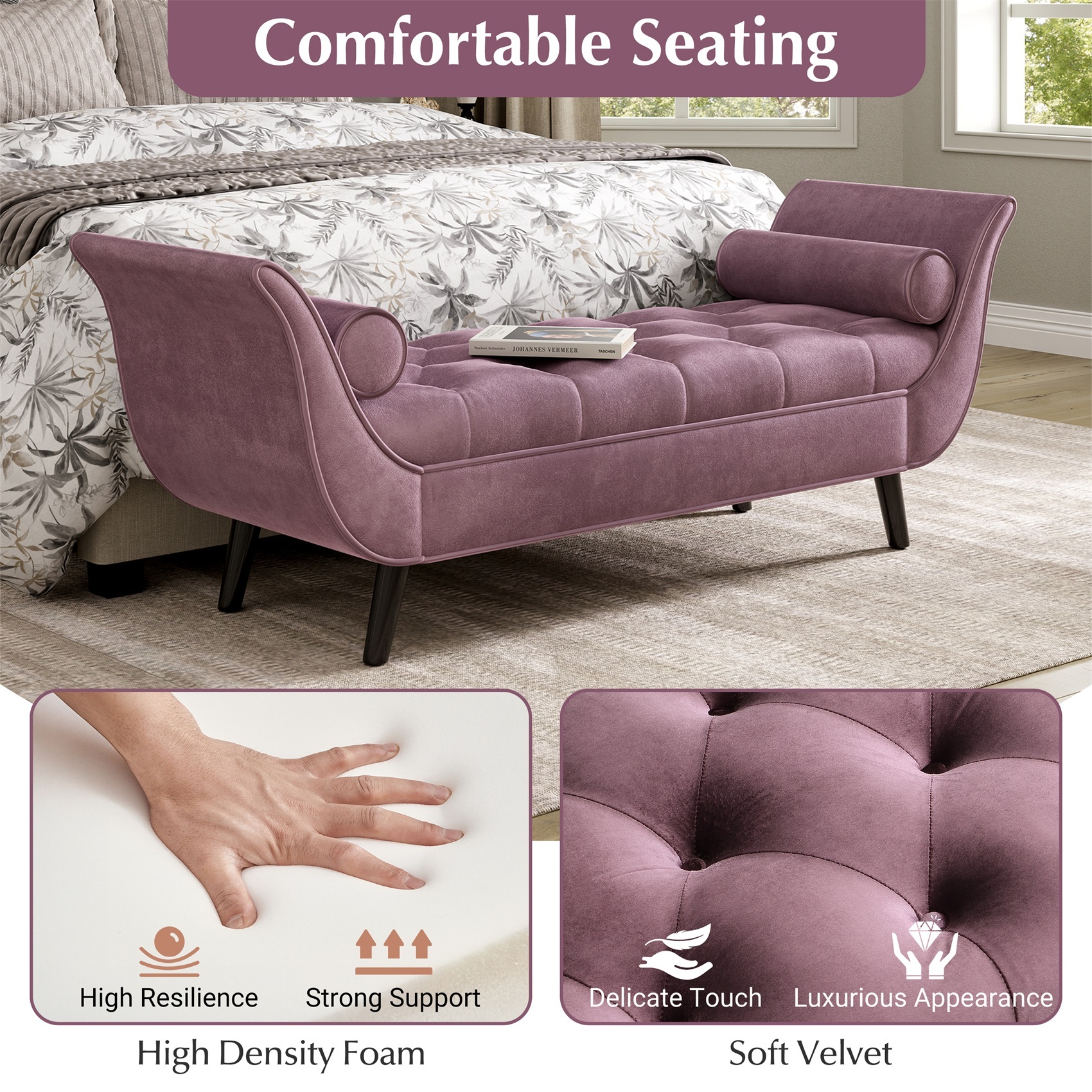 Alvantor Button Tufted End of Bed Benches Velvet Upholstered Bench with Pillows for Bedroom,Living Room, Entryway Purple