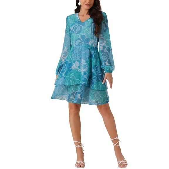 INSPIRE CHIC Women's V Neck Floral Dress Long Sleeve High Waist Ruffle Swing Skater Chiffon Mini Dress