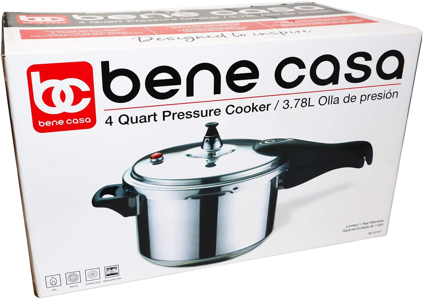 Bene Casa 9.5-Quart capacity aluminum pressure cooker, polished aluminum  finish, stove top pressure cooker, dishwasher safe, safety lid 