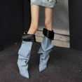 thumbnail image 2 of Lovzfmll Knee High Boots for Women, Pointed Toe Stacked Boots, High Heel Long Tube Wide Calf Boots, Fashion Denim Fall Winter Shoes, 5.5, Blue, 2 of 9