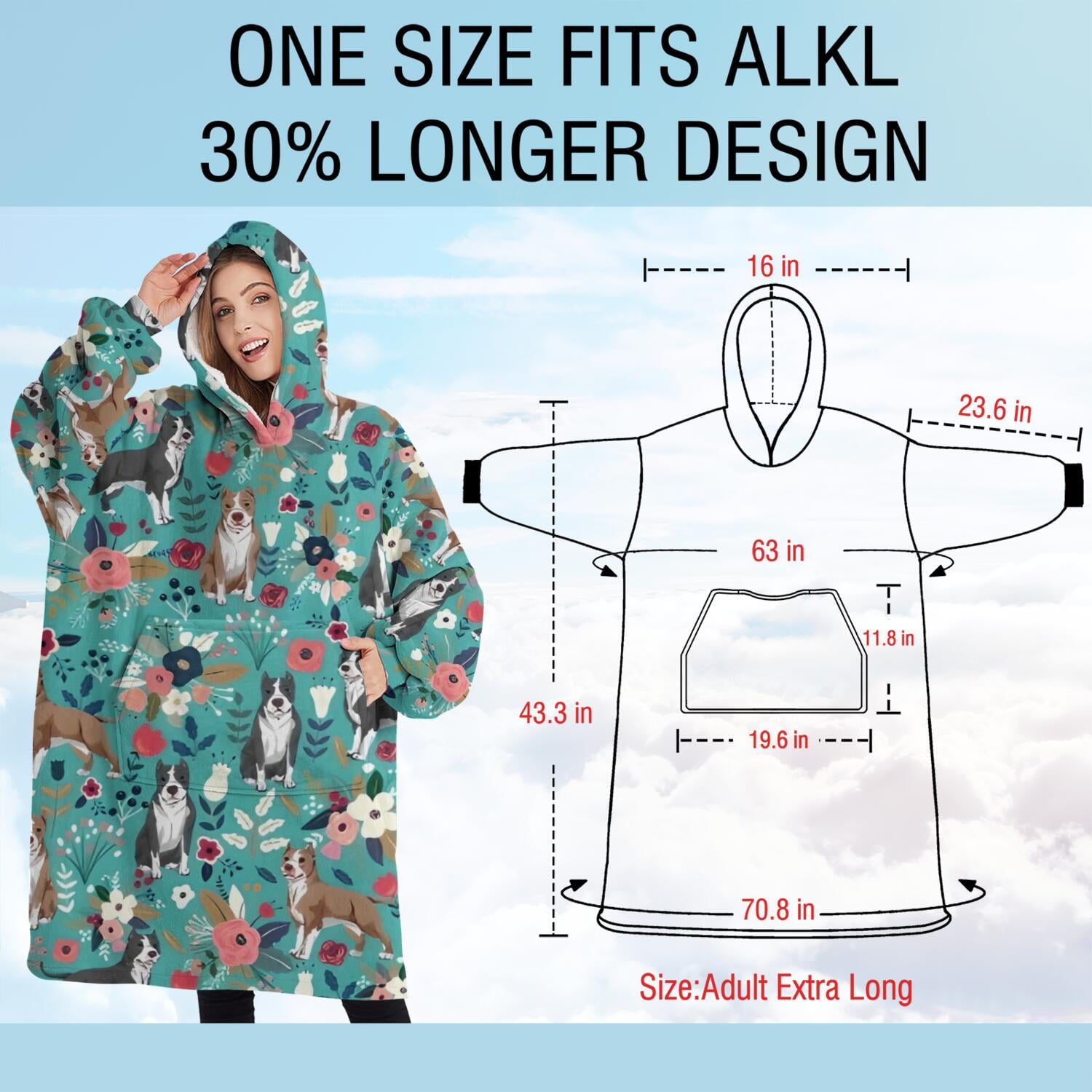 Oversized Wearable Blanket Hoodie,Pitbull Dog and Flower Floral Sherpa Blanket Hoodie with Super Pockets,Super Warm Fuzzy Pullover for Women & Men