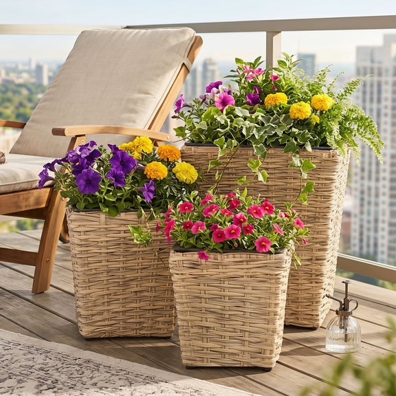 Costway 3PCS Rattan Planter Box Kit with Removable Plastic Liners for Indoor Outdoor Plants Natural & Black