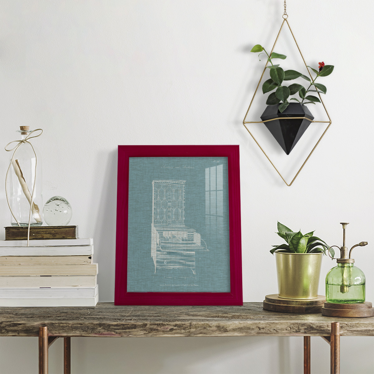 Hepplewhite Desk & Bookcase I - Framed Print w/glass - Cherry Red