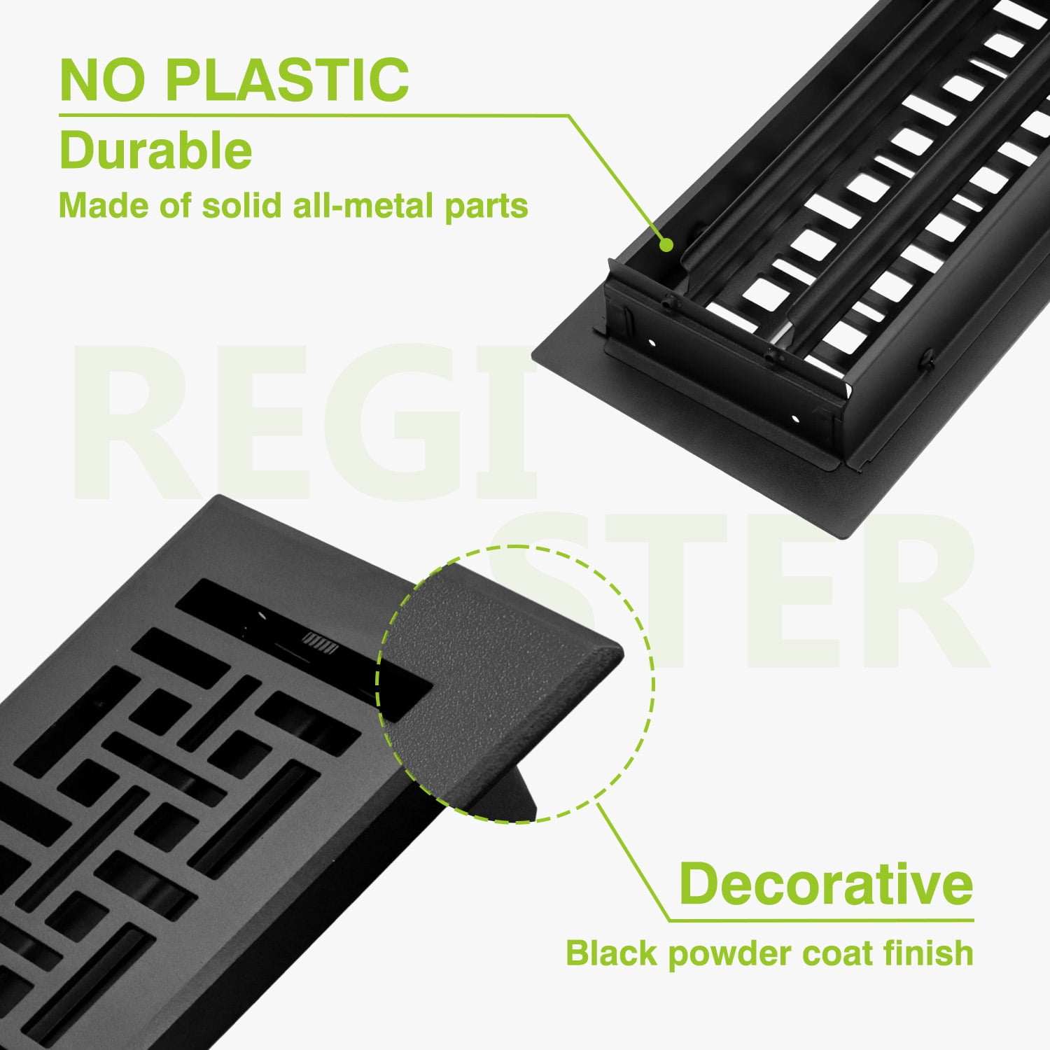 Naiture Louvered Floor Register, Wicker Style Stainless Steel with Damper or Lever, Duct Size 4" X 10" (Overall Size 5-1/4" X 11-5/8"), Black Finish