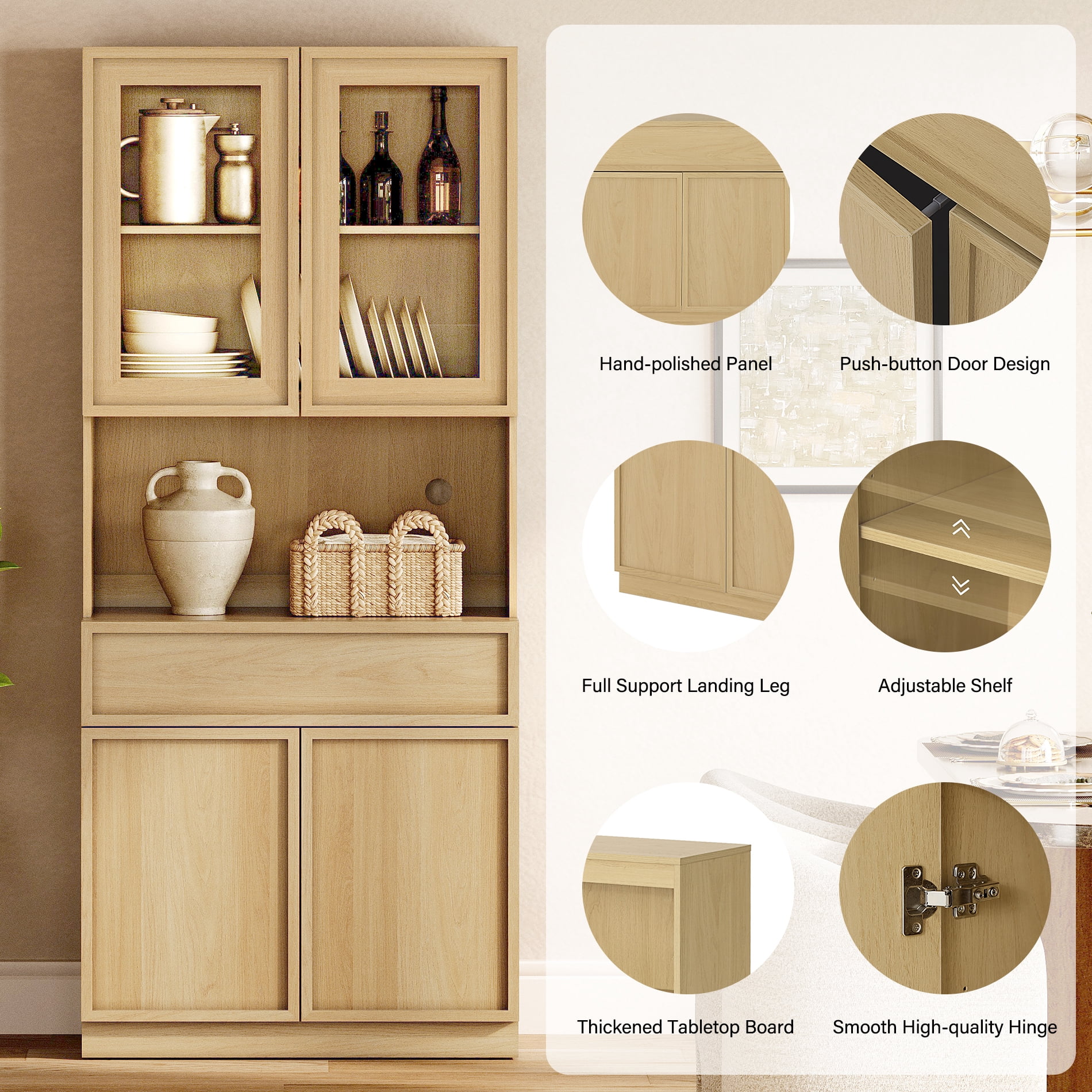 Modern Wood Sideboard Buffet with Glass Doors, Drawers & Adjustable Shelves, 72" Tall Glass Display Storage Cabinet,Oak