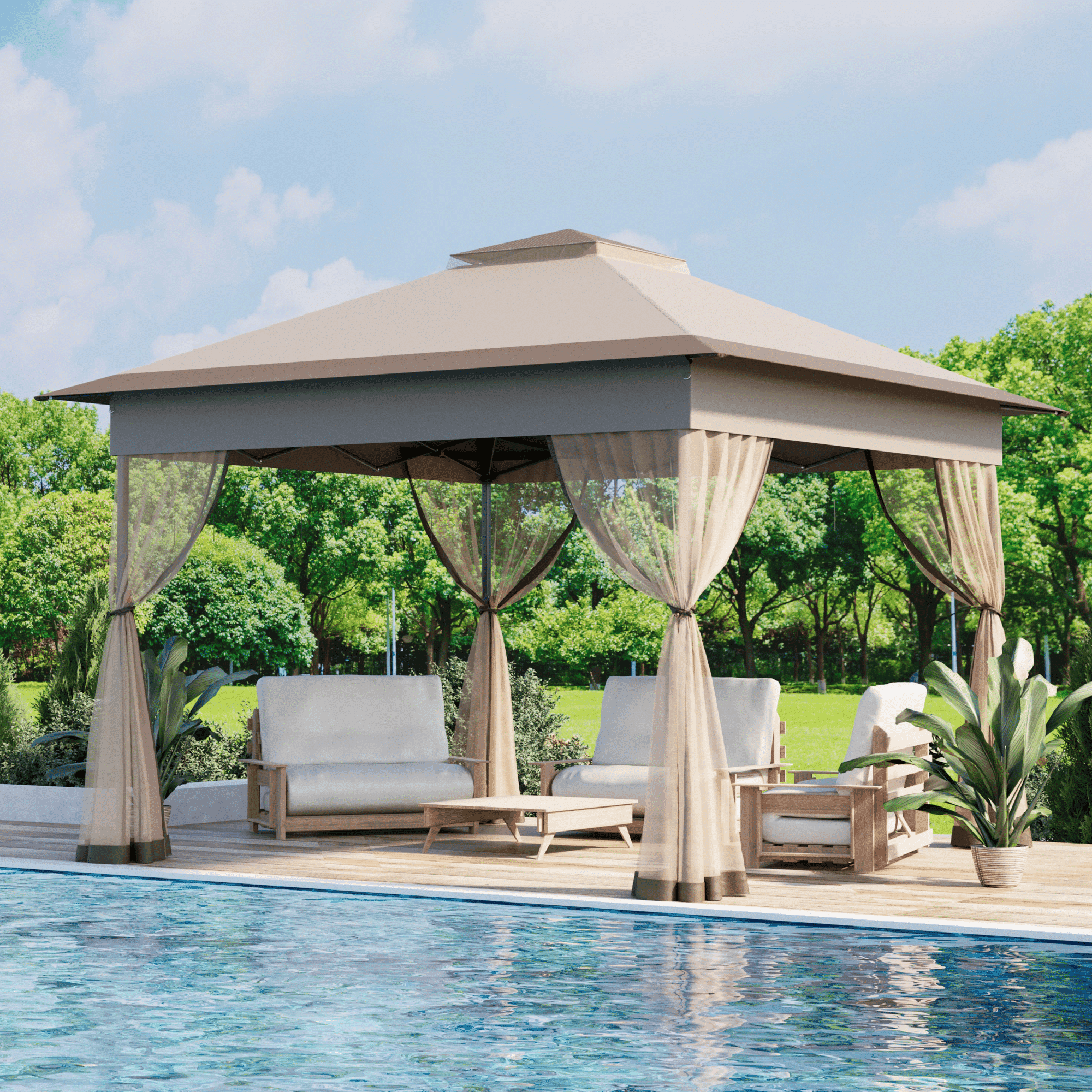 Bezseller 11x11 Pop up Gazebo, Outdoor Waterproof Canopy Tent with Mosquito Netting for Outdoors, Khaki