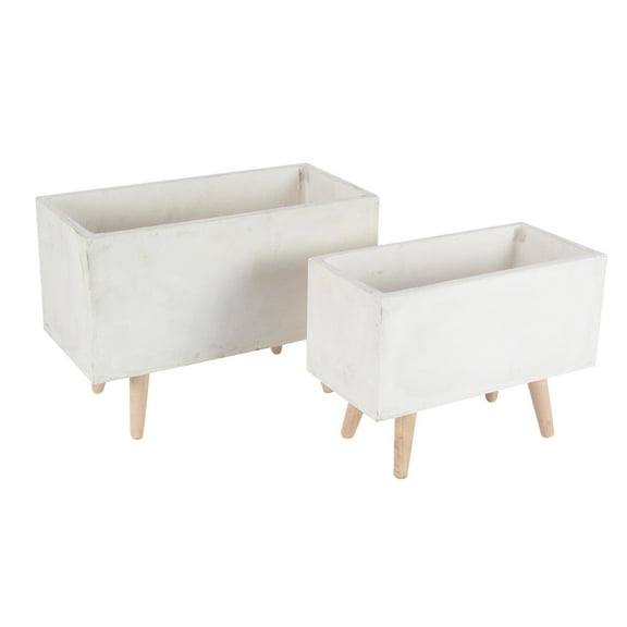 DecMode White Fiberclay Ceramic Rectangular Indoor Outdoor Planter with Brown Wooden Legs, Set of 2 21", 17"W