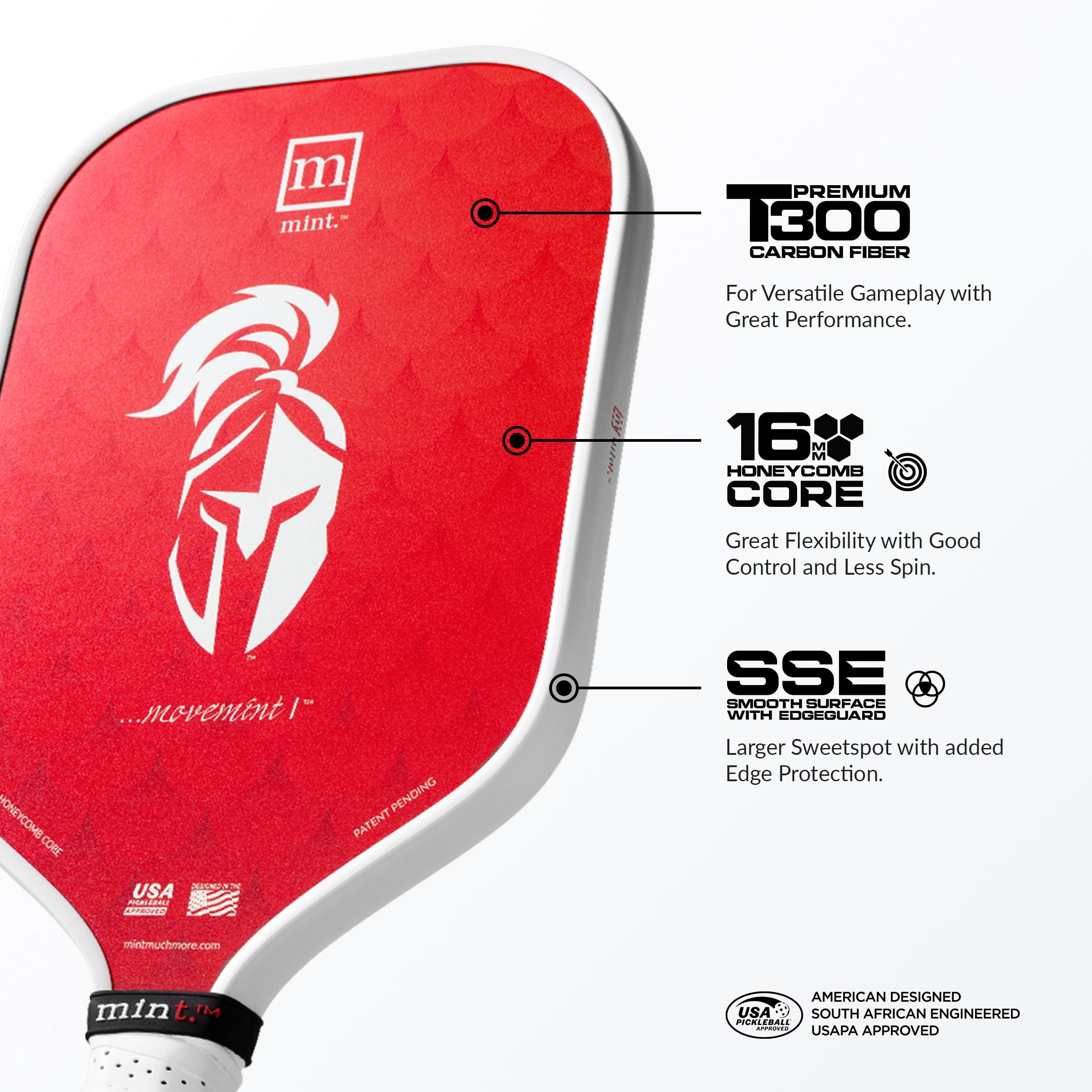 Mint Sport Carbon Fiber Pickleball Paddle Mint Movemint I – 16mm Polypropylene Core, Midweight Cold Pressed with Smooth Surface, TPE Edge Guard, USAPA Approved – Power & Control for All Skill Levels