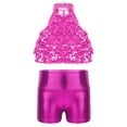 thumbnail image 3 of TSSOE Kids Girls 2-Piece Dance Outfits Sparkly Halter Sequins Crop Top with Metallic Shorts Set Activewear Hot Pink 4, 3 of 7