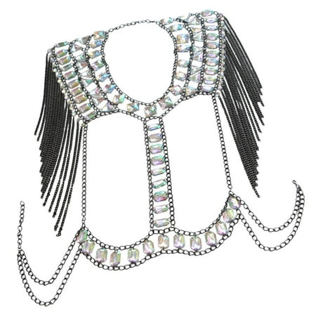 

Women s Tassel Bra Chain Top Belly Chain Glitter Crystal And Black