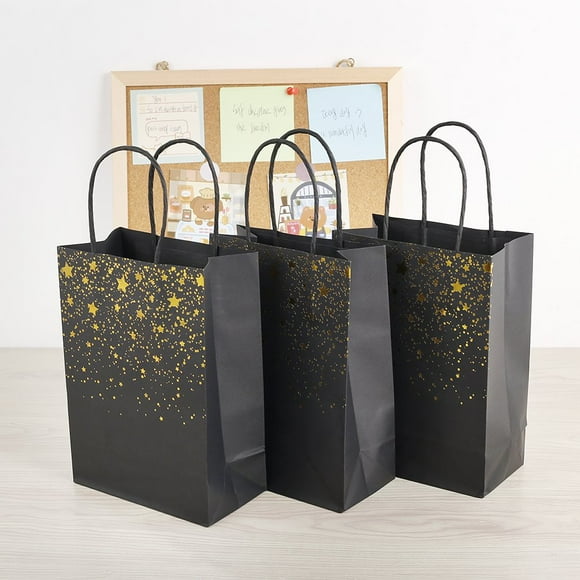25Pcs Bronzing Gold Kraft Paper Bags Candy Bags Party Favor Bags Flat Bottom Bags Grocery Bags with Handle for Christmas Birthday Wedding Celebrations