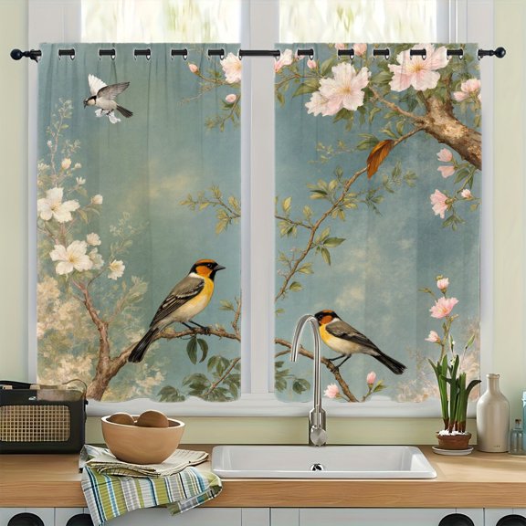 WNOOHIY Watercolor Bird and Blossom Print Grommet Blackout Curtains, Thermal Insulated Noise‑Reducing Room Darkening Curtain Drapes for Bedroom Living Room, 2Pcs