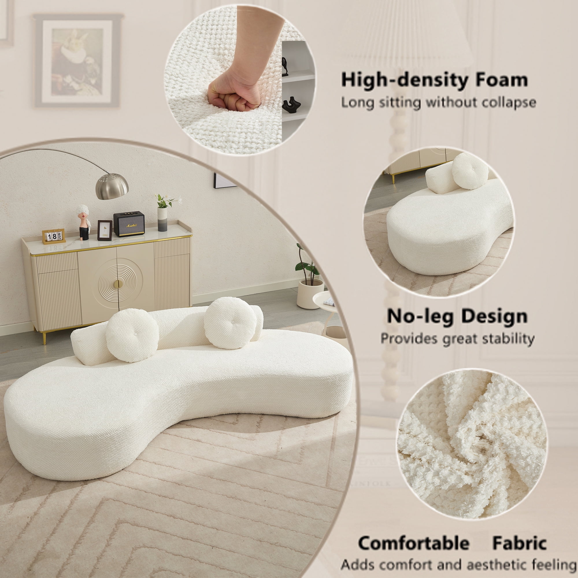 Aukfa 106" Deep Seat Sofa Curved Sleeper Couch for Living Room, 2 Pillows, Corduroy, Beige