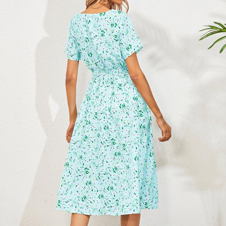 petite long sleeve swing dress Women's V-Neck Floral Print Dress