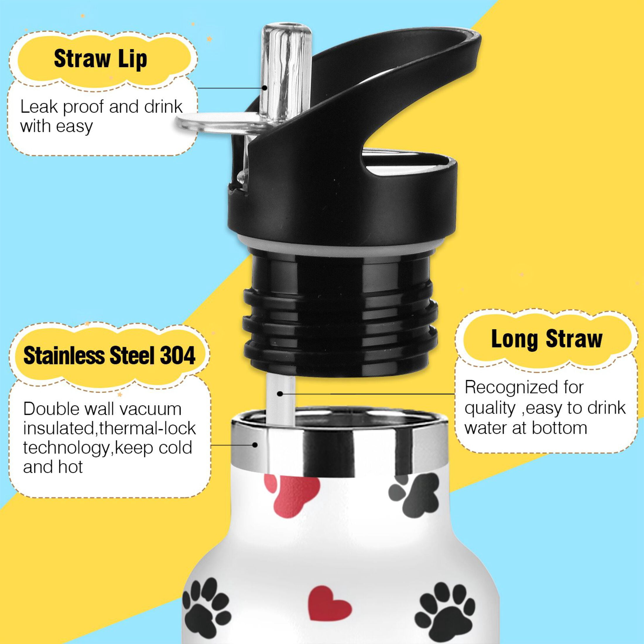 Kids Insulated Stainless Steel Sports Water Bottle 600ml Black Paws and Hearts Pattern