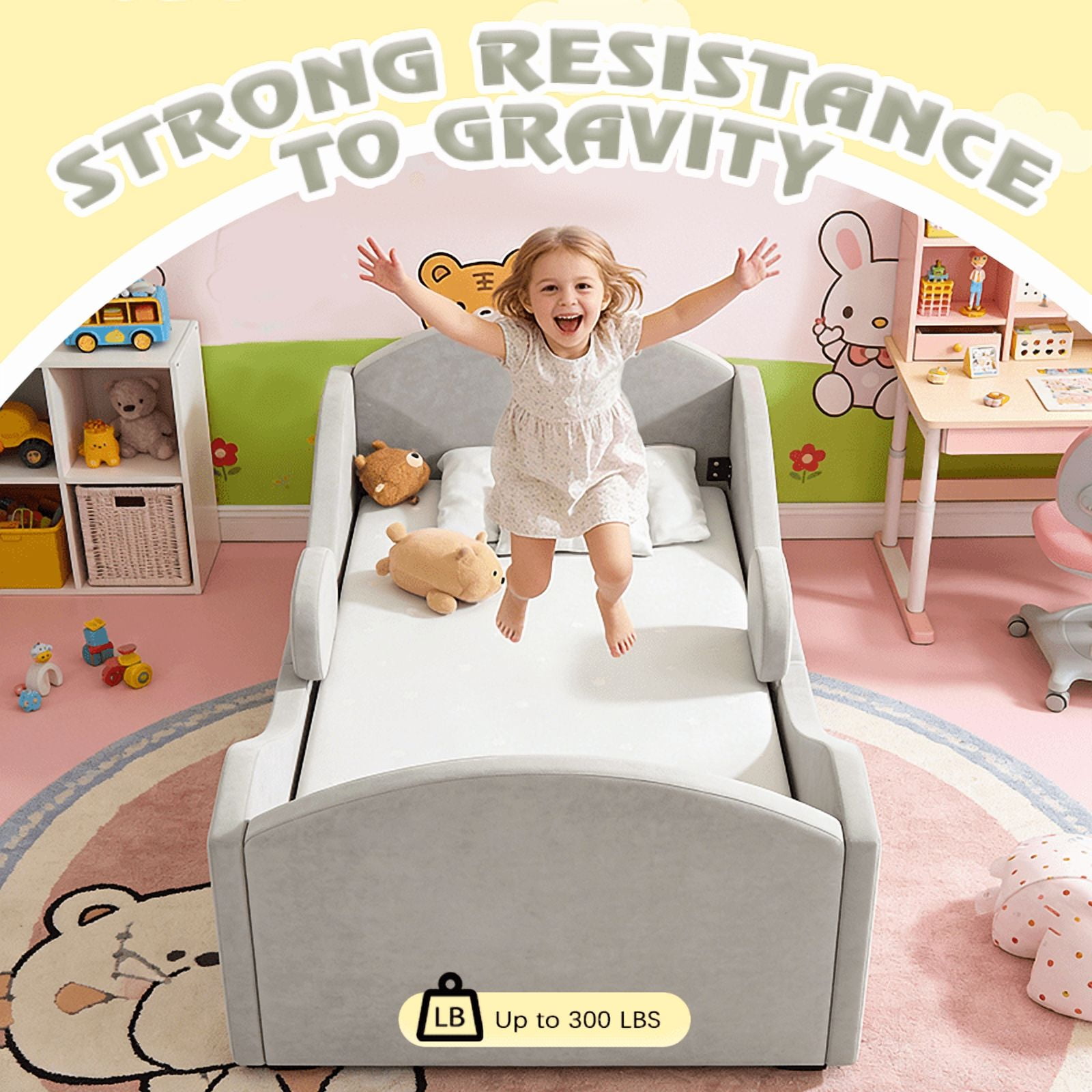 Datingday Toddler Floor Bed with Removable Safety Rails – Ultra Soft Upholstered Low-Profile Kids Bed, Standard Crib Size (Fits 52" x 28" Mattress), Gray, for Easy Crib-to-Big-Kid Bed Transition