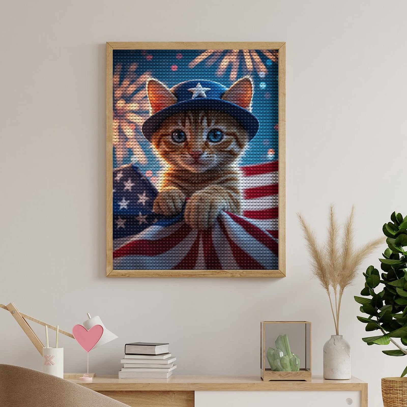 Diamond Art Kits for Adults, Kitten Patriotic Celebration Hat Stars 5D Diamond Painting Kits for Adults Beginners, DIY Full Drill Diamond Painting, Gem Art and Crafts 12x16