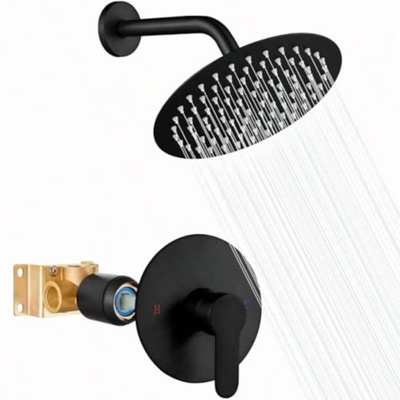 Heyalan Shower Faucet Set with Vae Kit8 Inch Bathroom Rainfall Shower Head and Handle Set System Trim Kit Female Thread Vae Single Function Matte Black