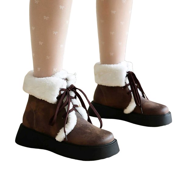 Womens Fuzzy Plush Platform Boots Winter Warm Fleece Lined Lace Up Combat Booties Comfortable Round Toe Non Slip Ankle Boots Brown Size 7.5