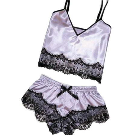 

GENEMA Womens Plus Size Faux Silk Lingerie Set V-Neck Backless Crop Top Bowknot Shorts Hollow Floral Lace Candy Color Nightwear S-3XL