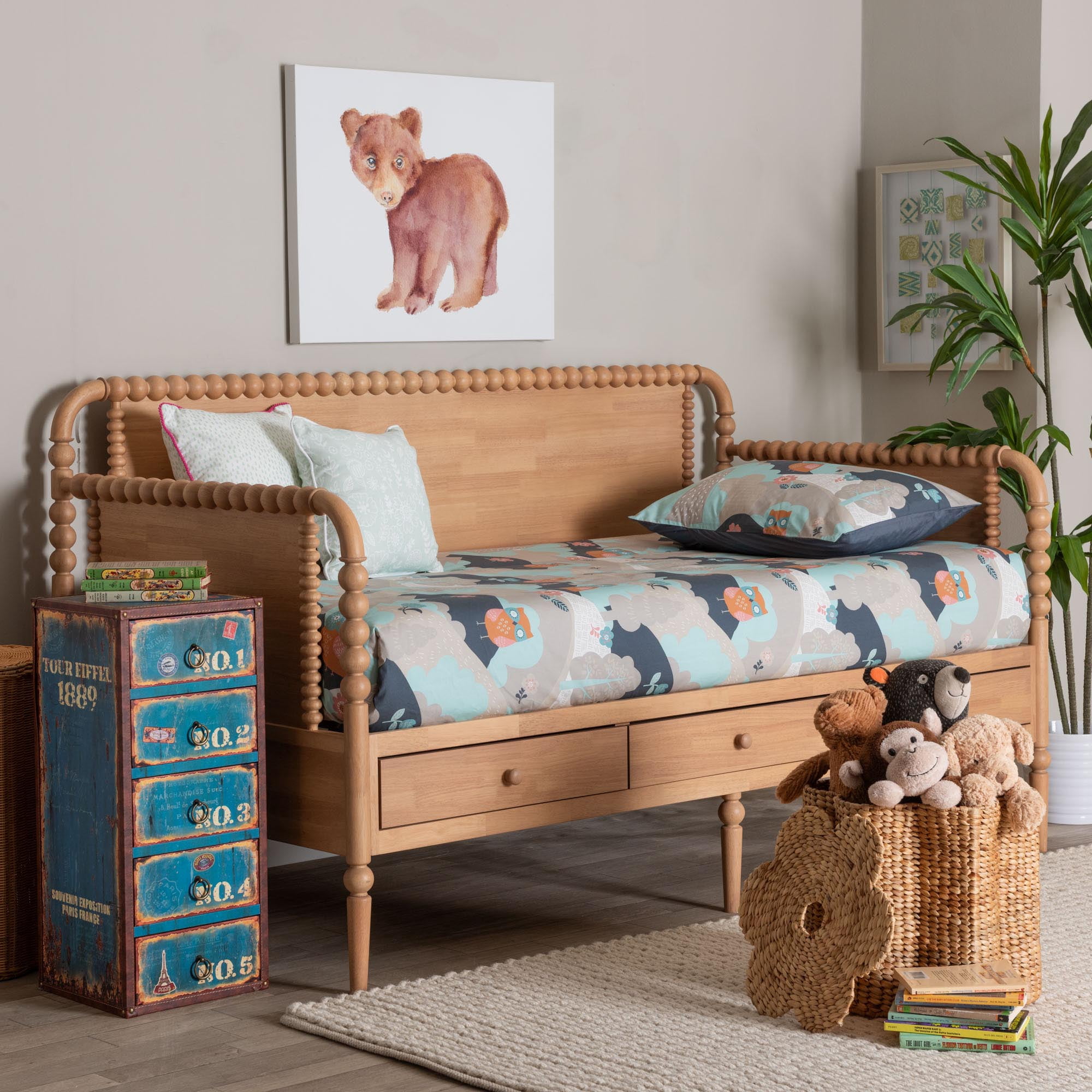Baxton Studio Lucera Mid-Century Daybed, 3-Drawer, Twin, Beech Brown