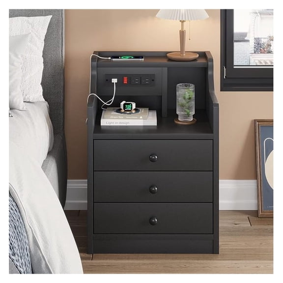 Nightstand with Charging Station,Black Night Stand for Bedroom,End Table with Hutch & Storage Drawers