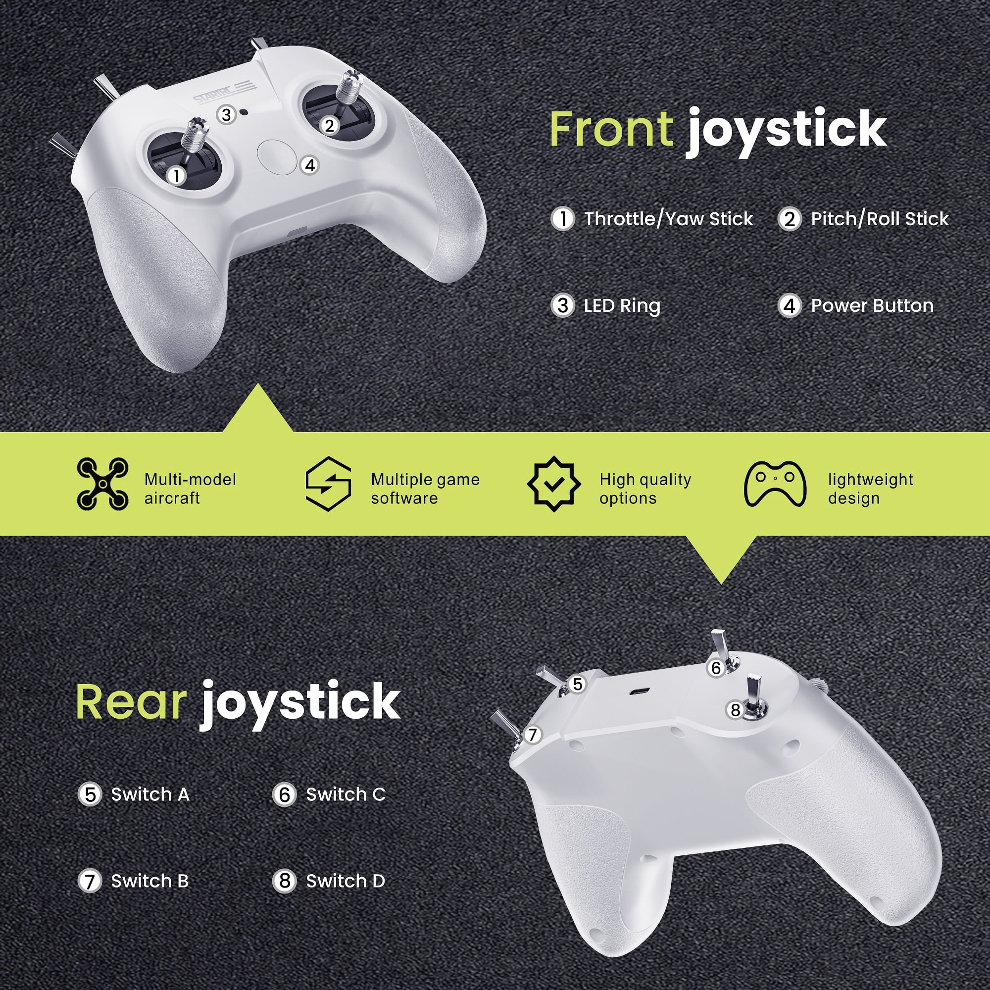 Rechale Ultimate S8 RC Flight Simulator Remote Controller - 8-Channel White Gamepad Lifelike FPV Drone Training with 14+ Simulator Support, Zero Latency for PC/Mobile