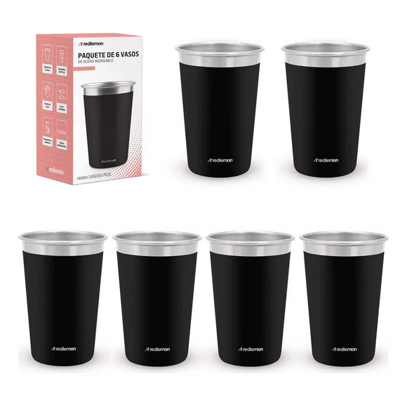 Set de 6 Vasos de Acero Inoxidable y Ecologicos (470 ml) negro mate