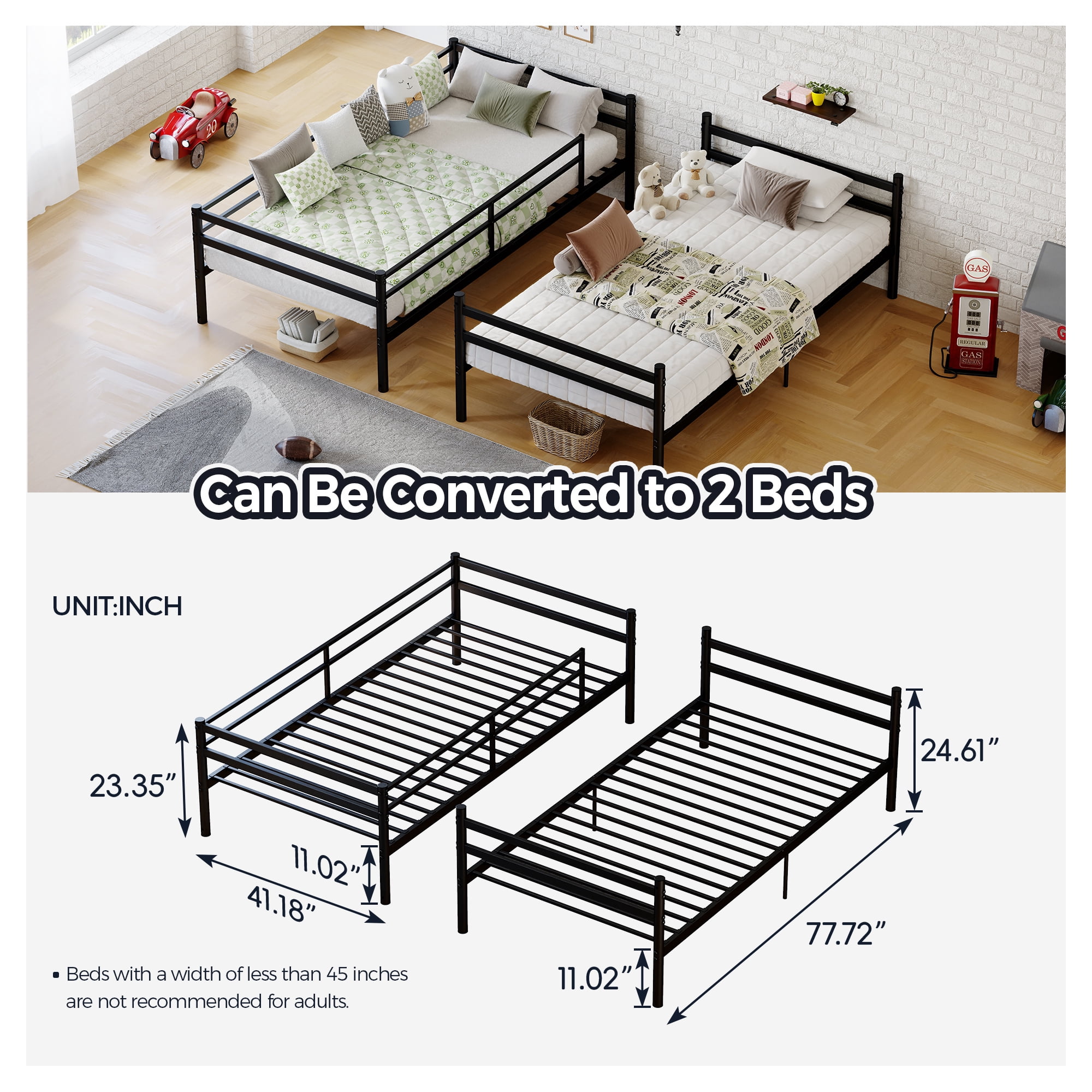Leumius Heavy Duty Twin Over Twin Bunk Bed, Convertible into 2 Separate Beds, 11.42" High Safety Guardrail & Easy Assembly, Under-Bed Storage Design, Ideal for Dorms & Small Spaces,Black