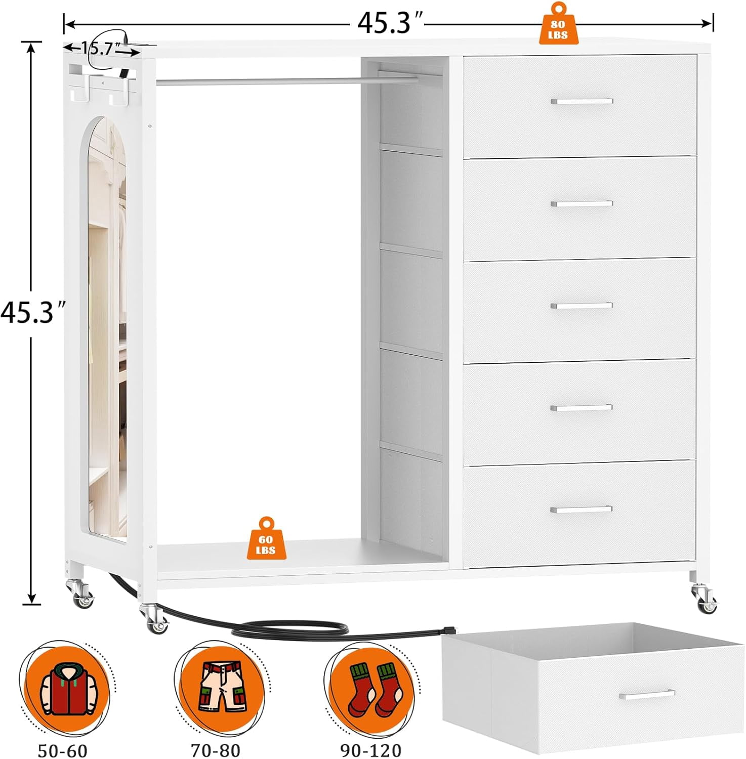 Homieasy Dresser for Bedroom with Clothes Rack & Mirror, Black 5 Drawers Dresser with Charging Station & LED Lights, Rolling Chest of Drawers with Wheels, Full Length Mirror, Wooden Top