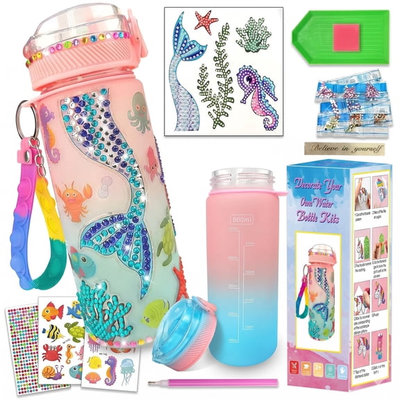 1 Set Mermaid DIY Water Bottle Kit, Mermaid Toys Arts & Crafts for Girls Pink