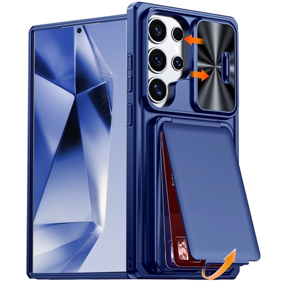 Vizvera for Samsung Galaxy S24 Ultra Phone Case with Card Holder(RFID Shielding)&Kickstand&Slide Camera Lens Cover,Rugged Heavy Duty Phone Case-Blue