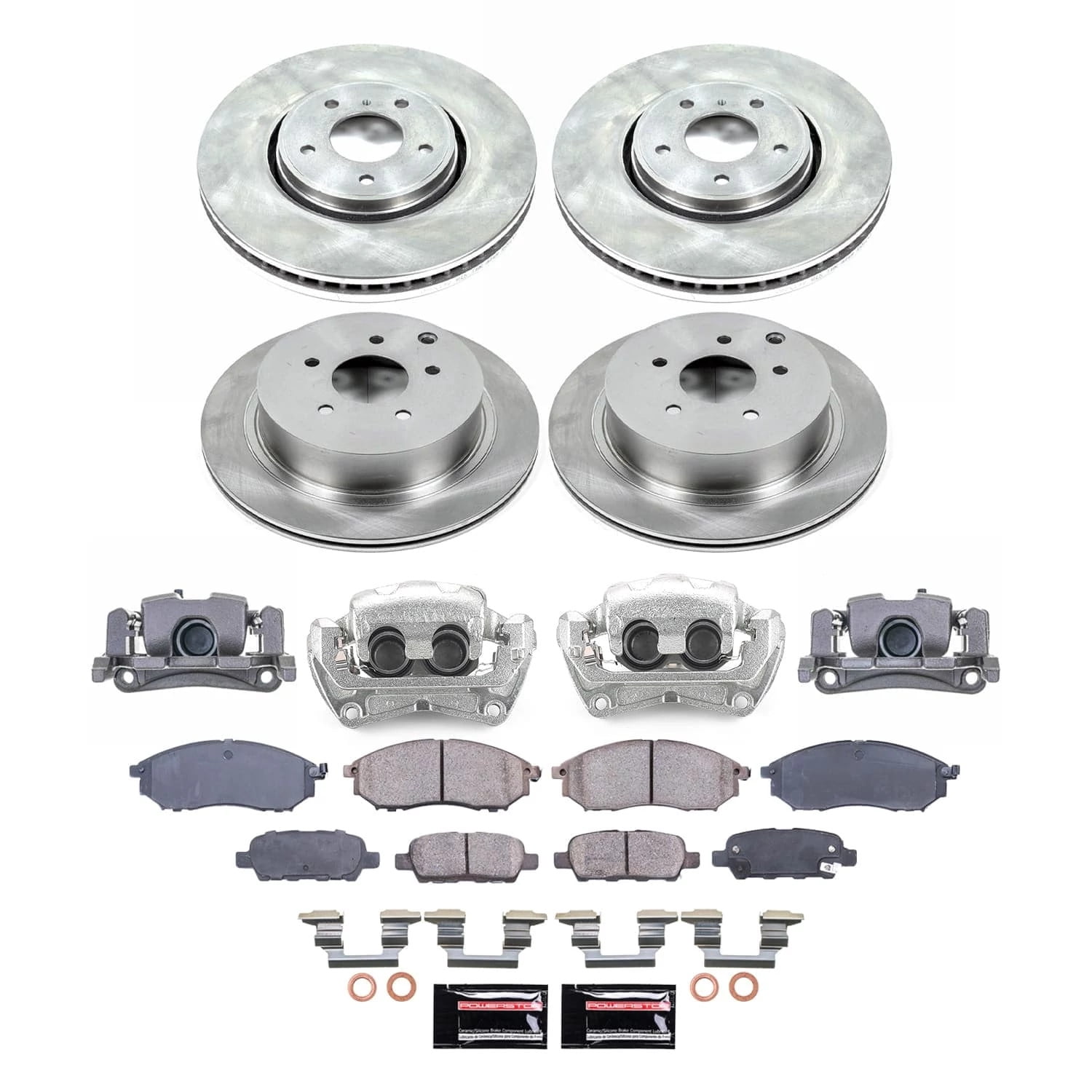 PowerStop Front and Rear Stock Replacement Brake Pad and Rotor Kit with Calipers Fits: INFINITI Select Models KCOE9135