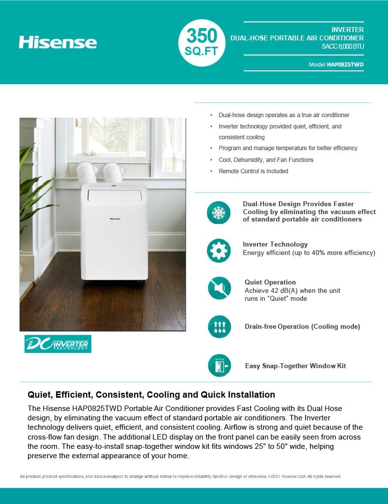 Restored Hisense 8,000 BTU 350 Sq Ft Dual Hose Portable Air Conditioner with Inverter and Wi-Fi HAP0825TWD (Refurbished)