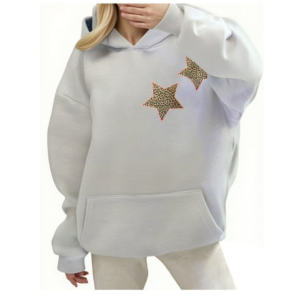 Goindgs Women Hoodies Oversized Comfy Star Printed Leopard Patchwork Drop Shoulder Pullover Long Sleeve Hooded Women Sweatshirts Hoodies Grey-L