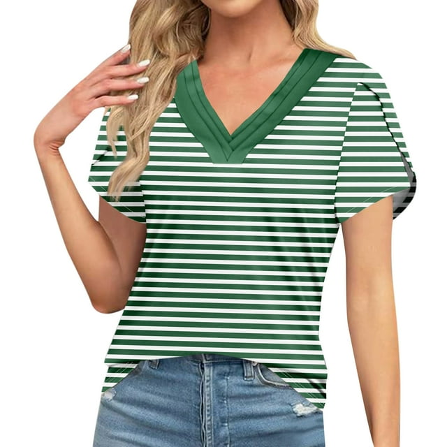 T-shirts Décontractés à Pois pour Femmes, Col Rond, Manches Courtes, Mode 2024 Printemps Été, Coupe Ample, Vert-1 S