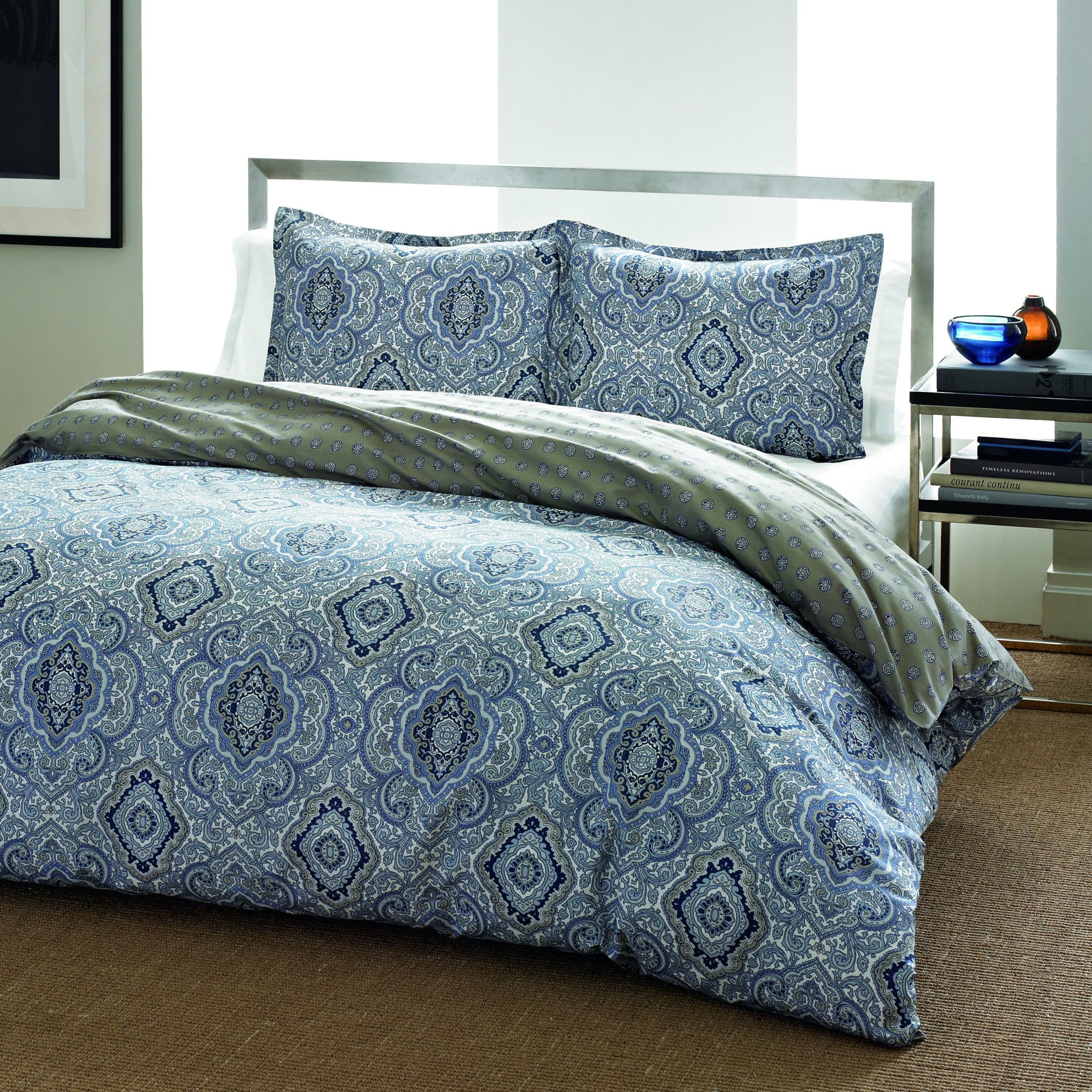 City Scene Milan Cotton Blue 3 Piece Duvet Cover Set-Full/Queen