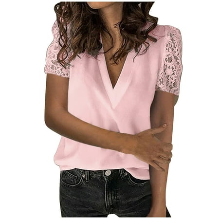

Bospose Short Sleeve Crop Top Women V-Neck Shirt Corset Top Lace Top Pink Top Large Size Women Solid Splicing Slim Blouse Tops Shirt Lady Plus Size Stitching Solid Color Top Bottoming Shirt Xxxxxl