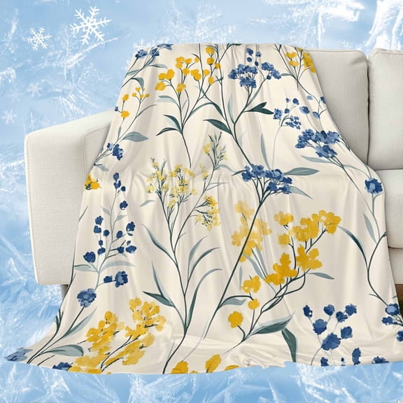 Yellow Blue Flowers Cooling Blanket,Lightweight Breathable Summer Throw Blanket with Double Sided Cold Effect,Watercolor Botanical Floral Plants Picnic Blankets Bed Sheet for Hot Sleepers 60"x80"