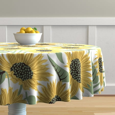 

Cotton Sateen Tablecloth 70 Round - Large Sunflowers Yellow Flowers Sage Green Vintage Floral Print Custom Table Linens by Spoonflower