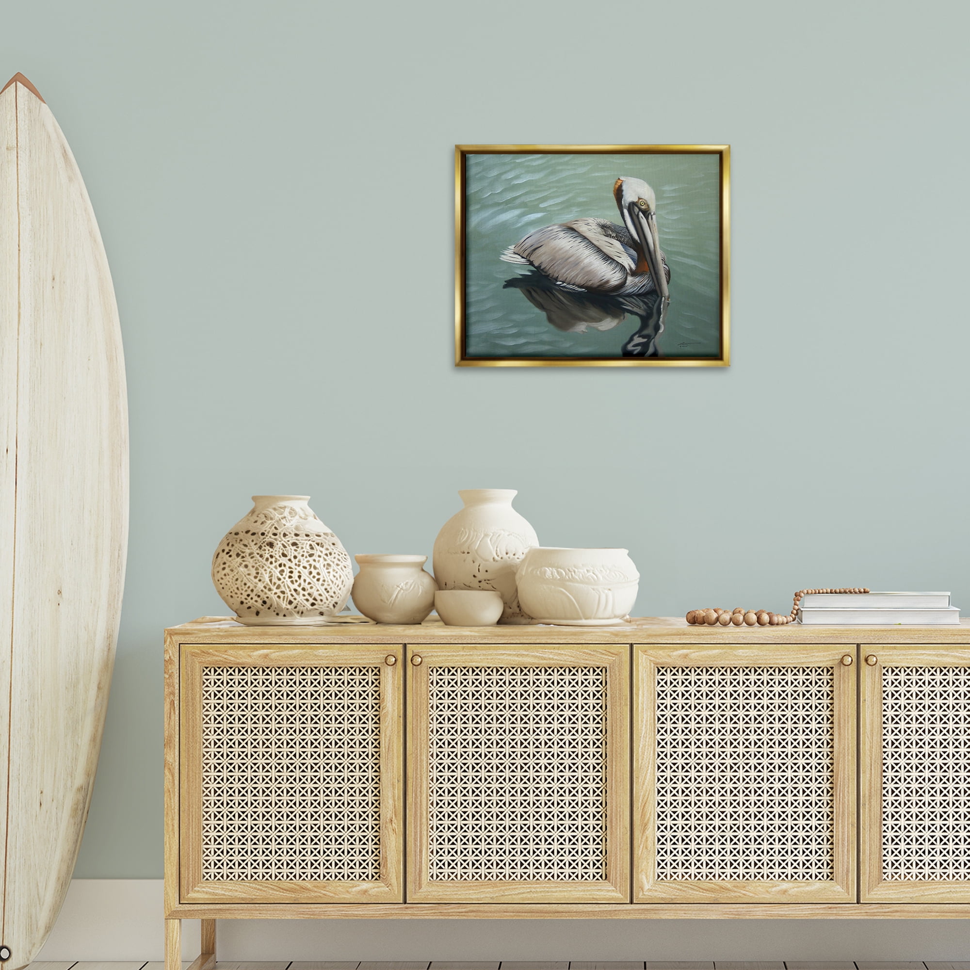 Stupell Industries Pelican Lake Reflection Animals & Insects Painting Gold Floater Framed Canvas Art Print Wall Art, 21 x 17