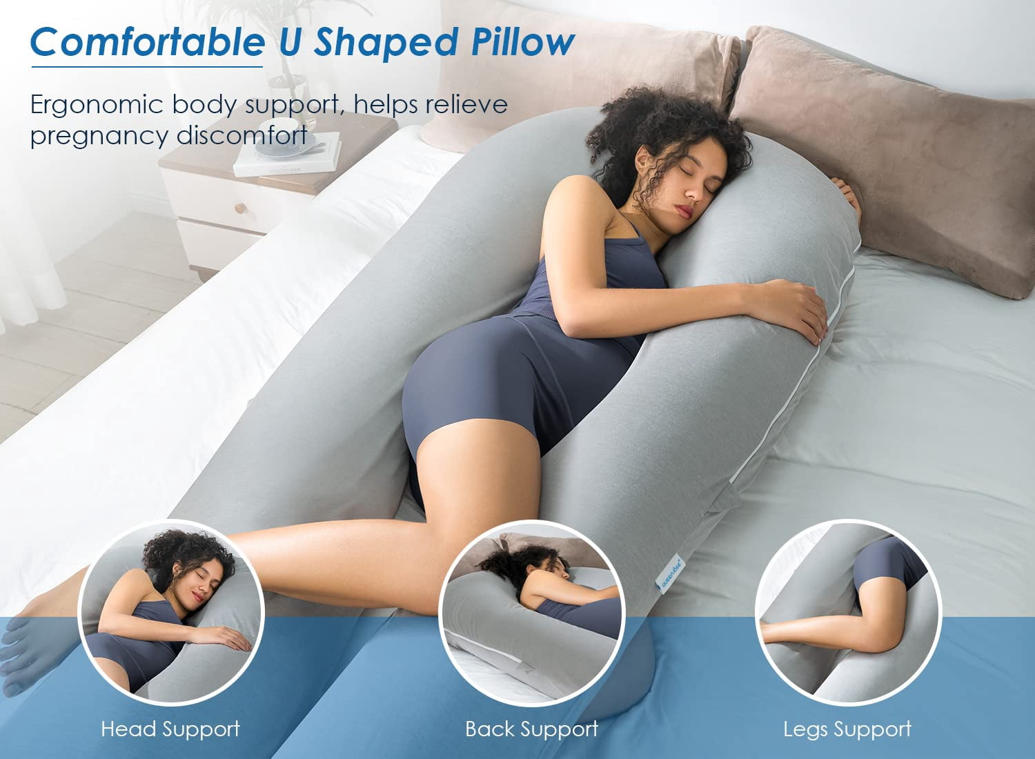 Extra Long U Shaped Body Pillow  Pillows For Sleeping 65 Inch Full Support Maternity Adults Women Grey