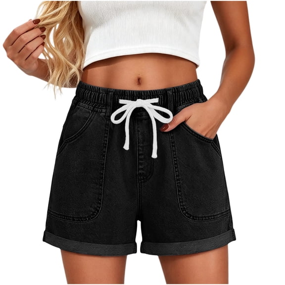 Yievot Denim Shorts for Women Elastic Waist Drawstring Summer Travel Casual Jean Shorts
