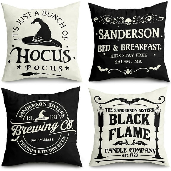 4Pack Halloween Pillow Covers 18x18", Halloween Decor Farmhouse Saying White Black Outdoor/Indoor Fall Pillow Pillows Decorative Cushion Cases for Home Sofa Couch Bed Chair