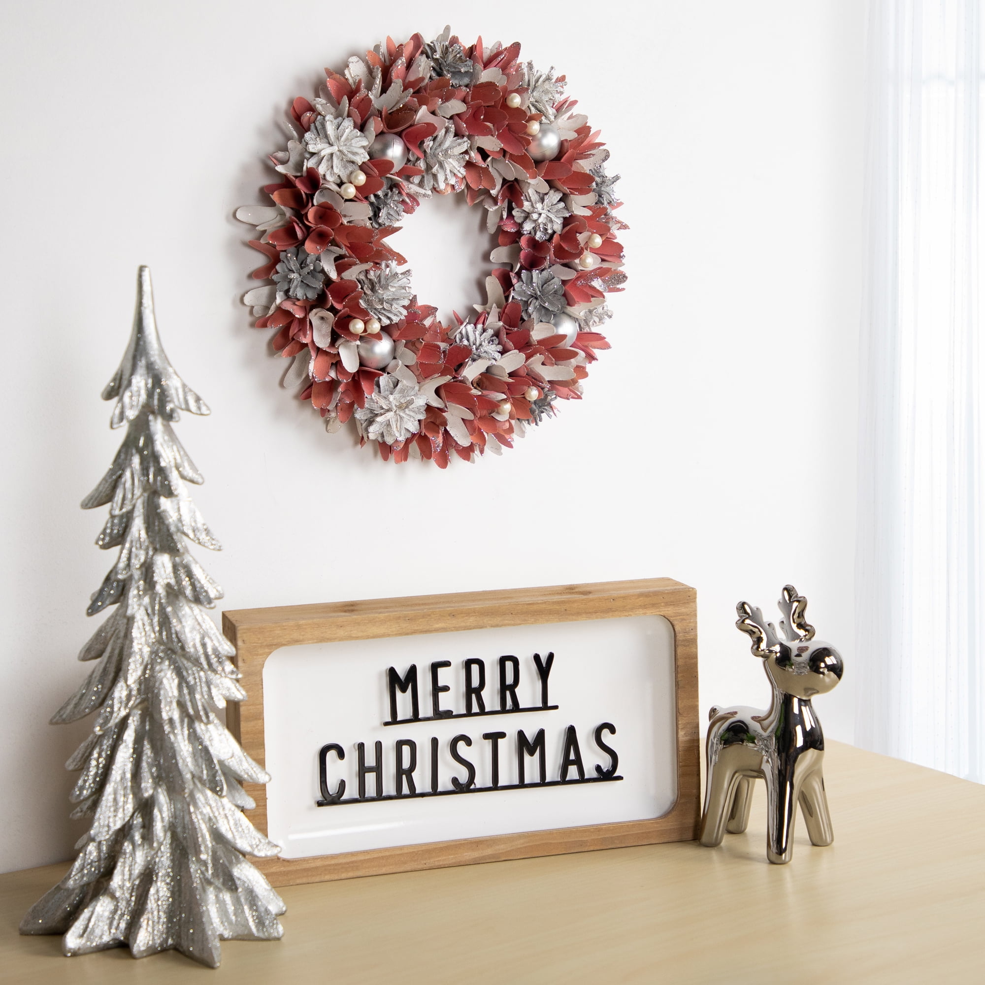 Northlight 13" Pink and White Wooden Floral Christmas Wreath with Pinecones