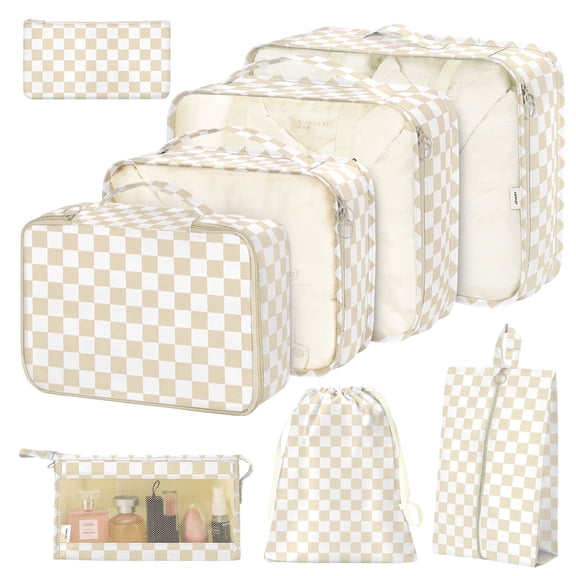 GASTROPOD 8-Piece Packing Cubes for Luggage, Khaki Plaid Travel Organizers with Shoe and Toiletry Bags, Lightweight Nylon Suitcase Accessories