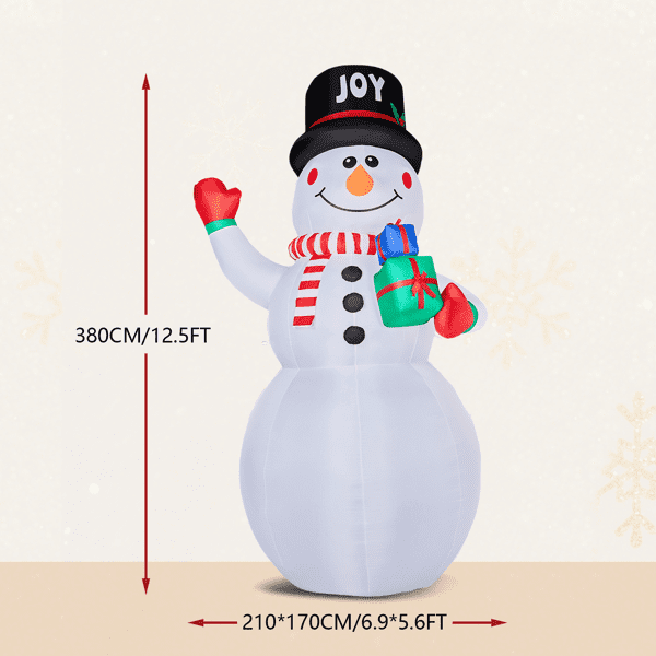 Giant 12FT Christmas Inflatable Snowman, 3 White LEDs + 1 Light Panel, Gift-Holding Waving Design, Weatherproof Polyester for Yard, Store, Indoor