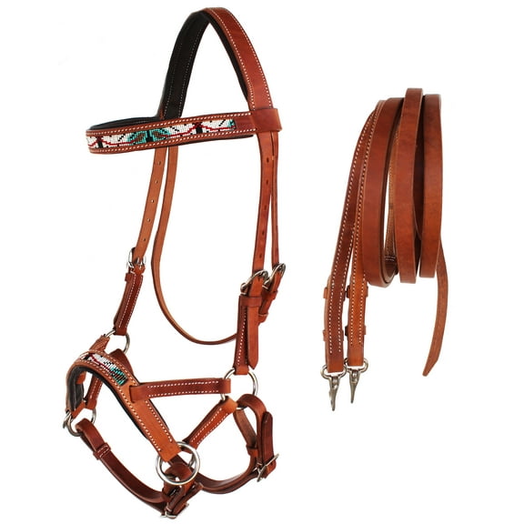 Horse Western Padded Leather Beaded Bitless Sidepull Bridle 77RT18TN-F