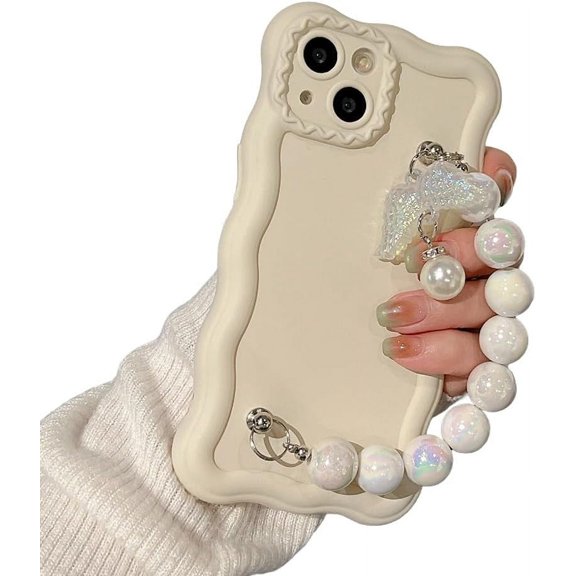 Designed for iPhone Case,Water Wave Frame with Pearl Butterfly Hand Bracelet Camera Lens Protection Shockproof Protective Cover Phone Case (iPhone 12 Pro,White)